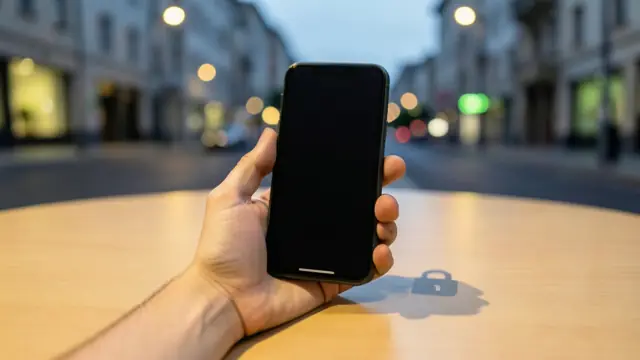 Mão segurando um celular, com a rua desfocada ao fundo
