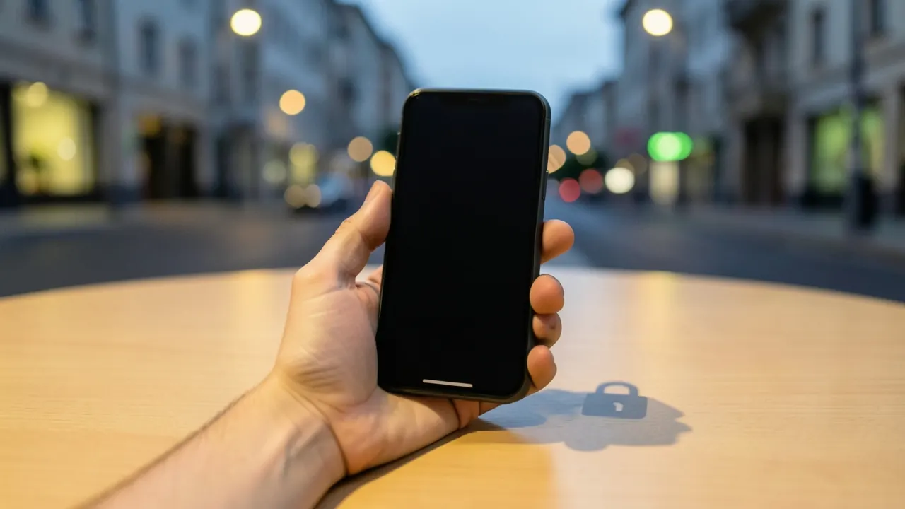 Mão segurando um celular, com a rua desfocada ao fundo