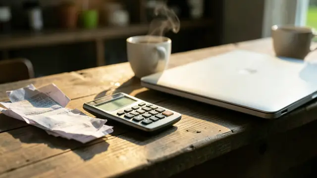 Balcão de pequeno comércio com recibos, calculadora e notebook fechado