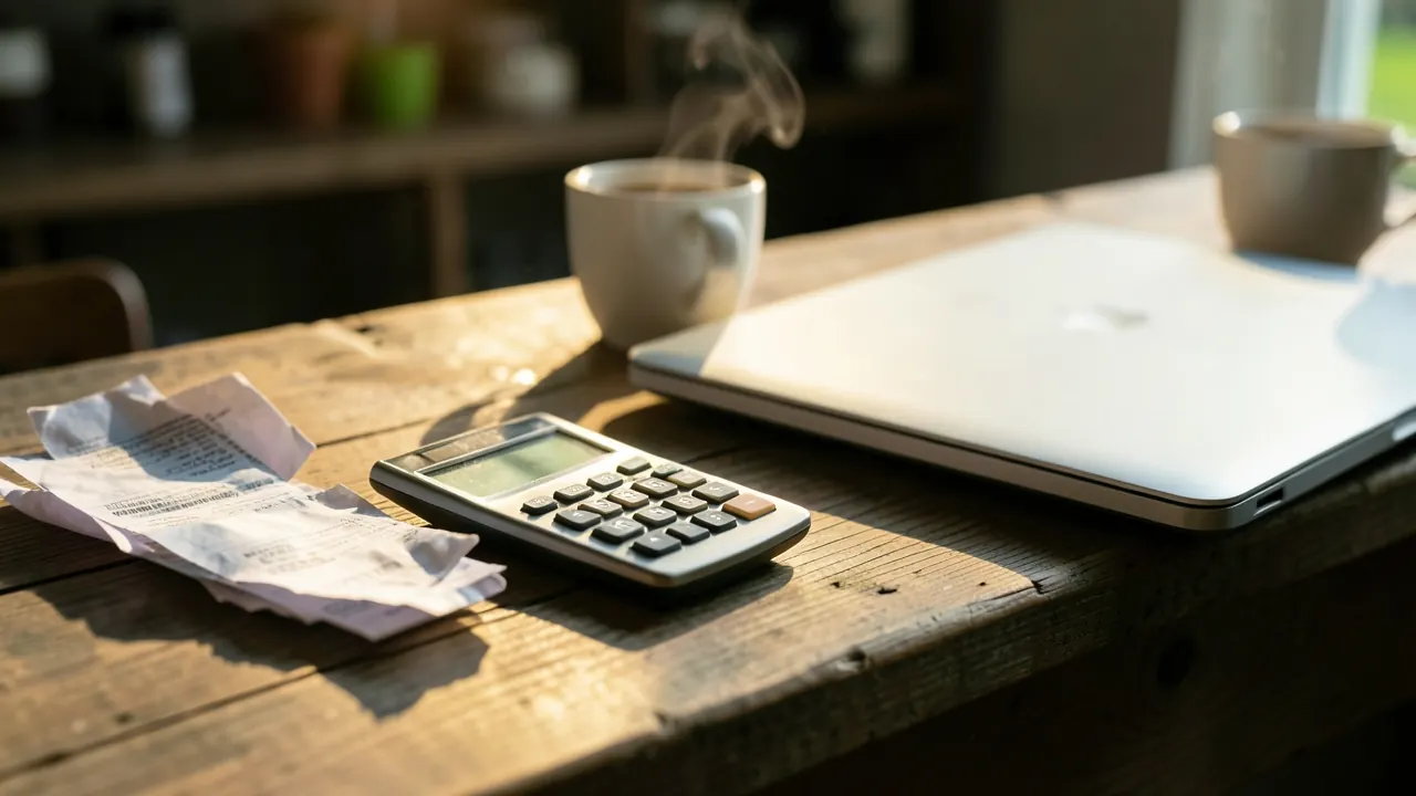 Balcão de pequeno comércio com recibos, calculadora e notebook fechado