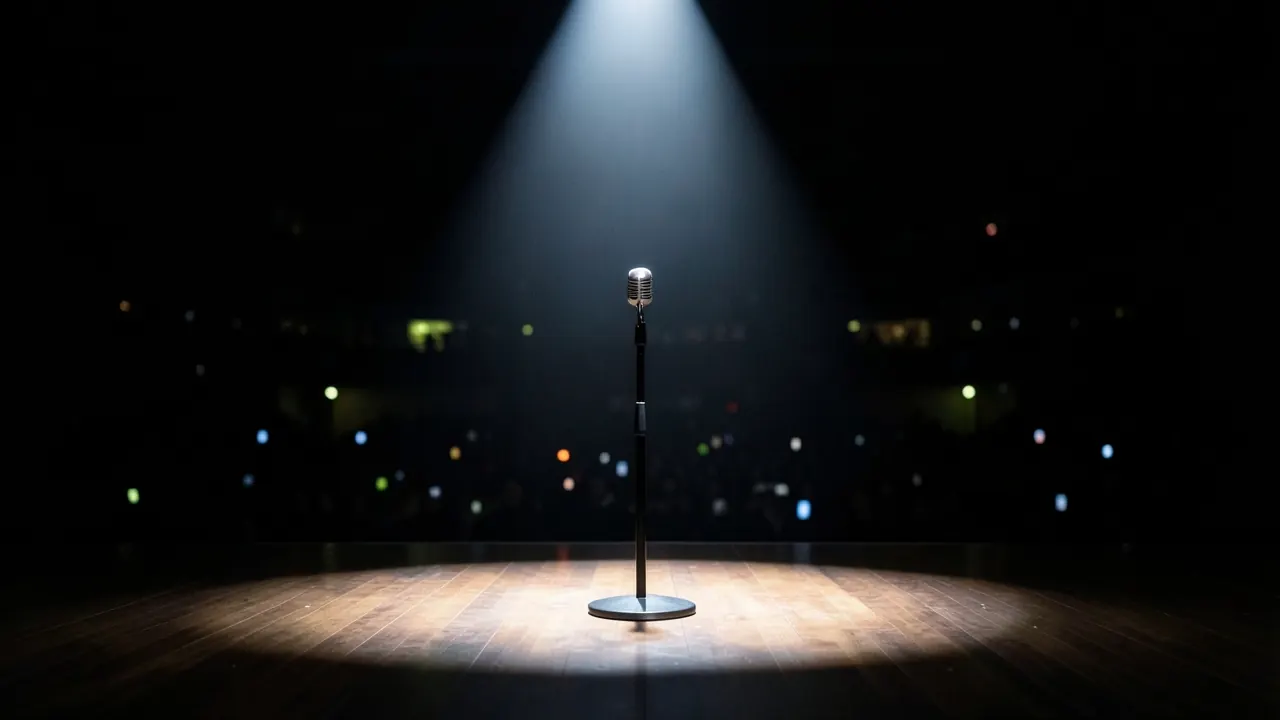 Palco vazio com um microfone sob um holofote