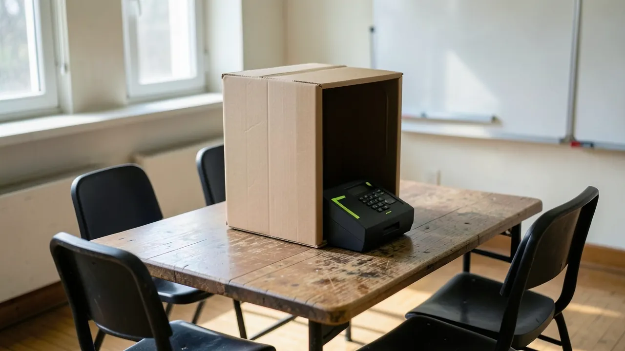 Cabine de votação montada numa sala de aula vazia