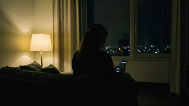 Mulher de costas sentada no sofá à noite, segurando o celular